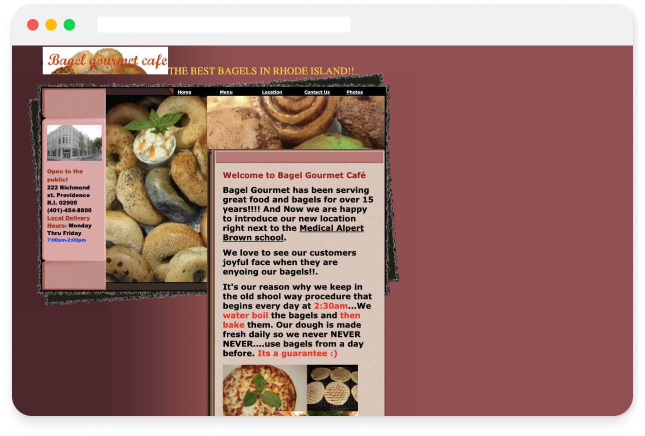 Bagel gourmet's original website. Maroon background and white text.